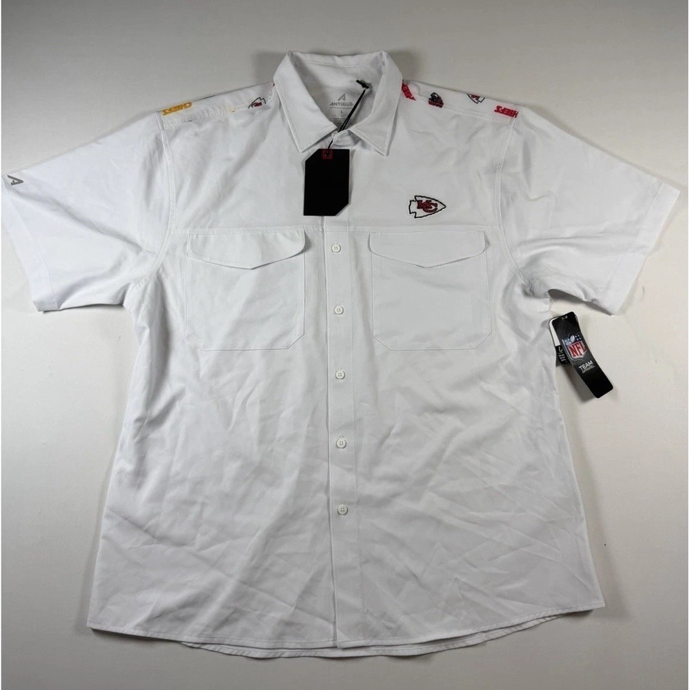 Kansas City Chiefs Mens Button Up Short Sleeve Shirt Large White NFL UPF 50 NWT